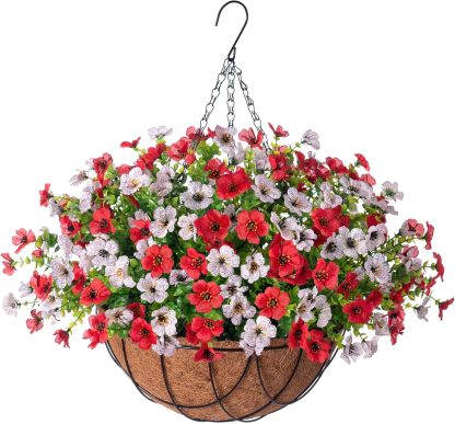Artificial Silk Flowers Hanging Basket for Outdoor Indoor, Daisy with Eucalyptus Leaves Arrangement for Garden Yard Spring Summer Decor, Faux Green Plant in Metal Coconut Lining Pot(Red Purple)