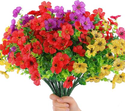 2 Set Artificial Outdoor Flowers with Hanging Basket, 2 Hanging Planters with 24 Pcs Flowers for Spring Summer Front Porch Garden Patio Home Decor (2, Red, Purple, Yellow, Rose Red)