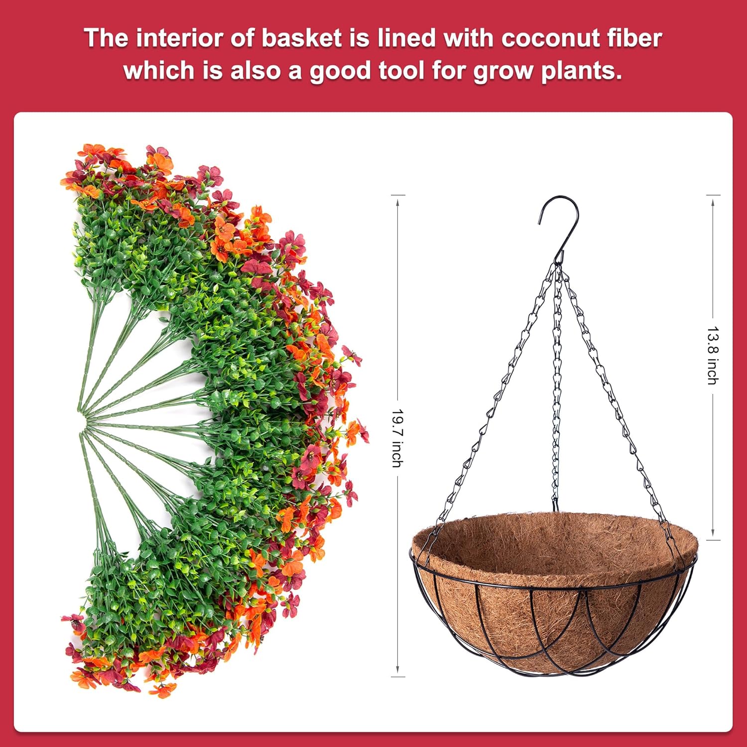 Artificial Silk Flowers Hanging Basket for Outdoor Indoor, Daisy with Eucalyptus Leaves Arrangement for Garden Yard Spring Summer Decor, Faux Green Plant in Metal Coconut Lining Pot(Red Purple)