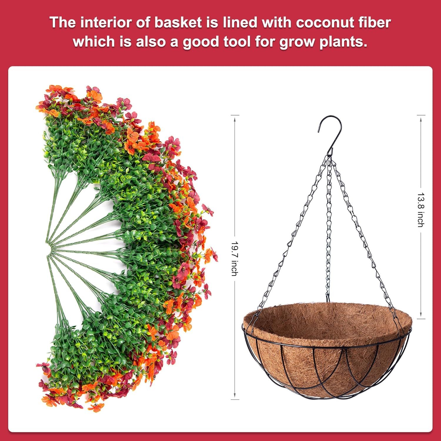 Artificial Silk Flowers Hanging Basket for Outdoor Indoor, Daisy with Eucalyptus Leaves Arrangement for Garden Yard Spring Summer Decor, Faux Green Plant in Metal Coconut Lining Pot(Red Purple)