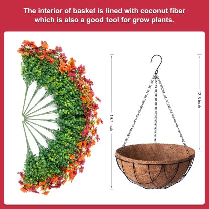 Artificial Silk Flowers Hanging Basket for Outdoor Indoor, Daisy with Eucalyptus Leaves Arrangement for Garden Yard Spring Summer Decor, Faux Green Plant in Metal Coconut Lining Pot(Red Purple)