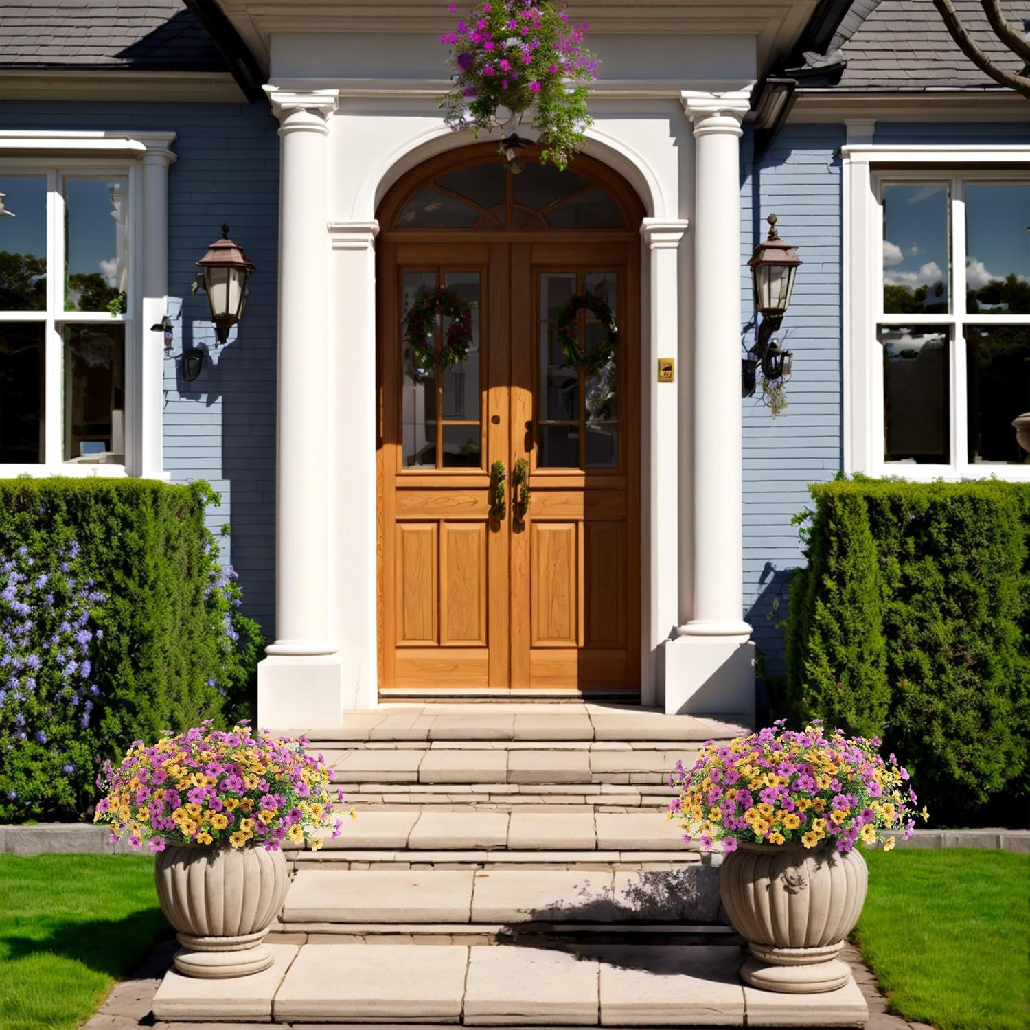 Artificial Silk Flowers Hanging Basket for Outdoor Indoor, Daisy with Eucalyptus Leaves Arrangement for Garden Yard Spring Summer Decor, Faux Green Plant in Metal Coconut Lining Pot(Red Purple)