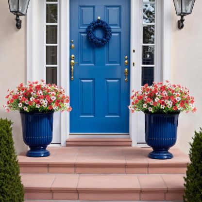 Artificial Silk Flowers Hanging Basket for Outdoor Indoor, Daisy with Eucalyptus Leaves Arrangement for Garden Yard Spring Summer Decor, Faux Green Plant in Metal Coconut Lining Pot(Red Purple)