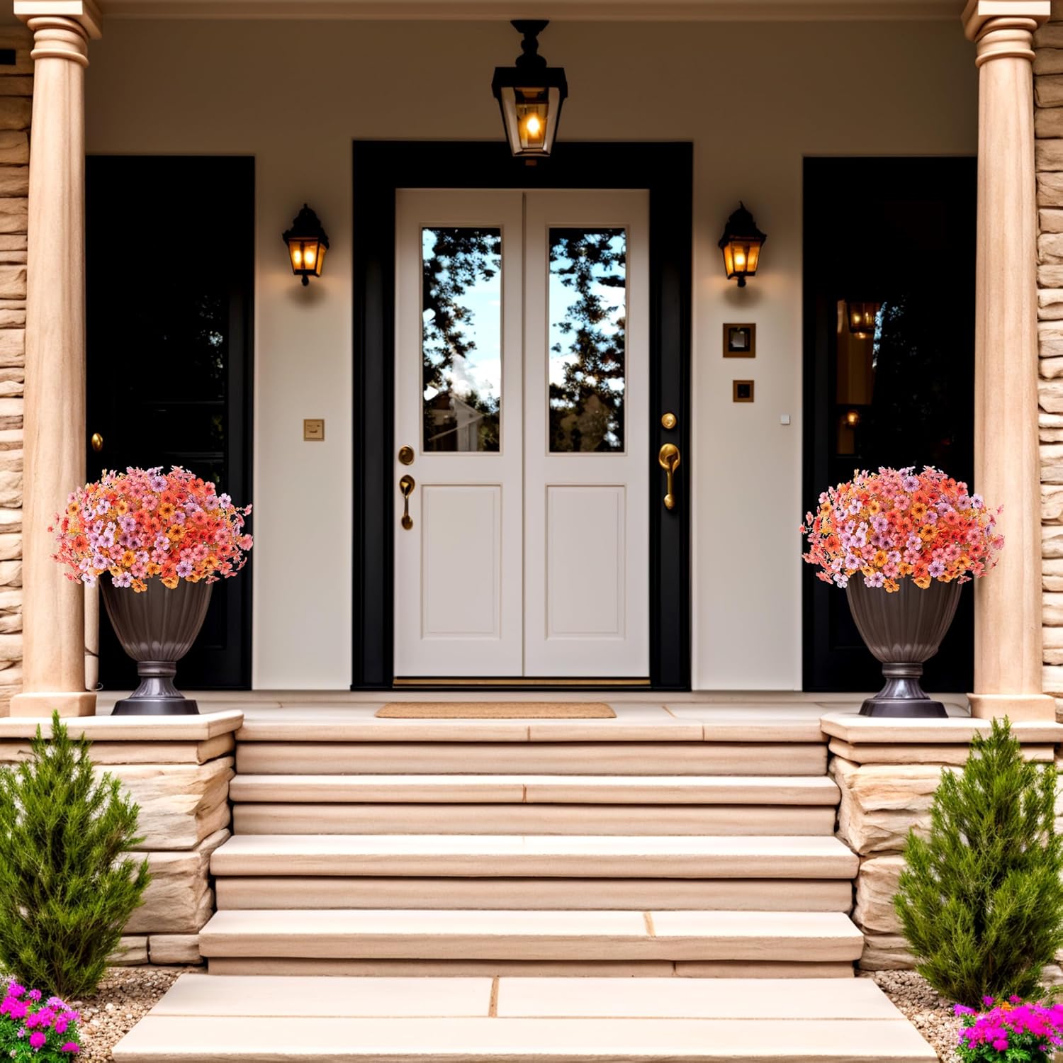 Artificial Silk Flowers Hanging Basket for Outdoor Indoor, Daisy with Eucalyptus Leaves Arrangement for Garden Yard Spring Summer Decor, Faux Green Plant in Metal Coconut Lining Pot(Red Purple)