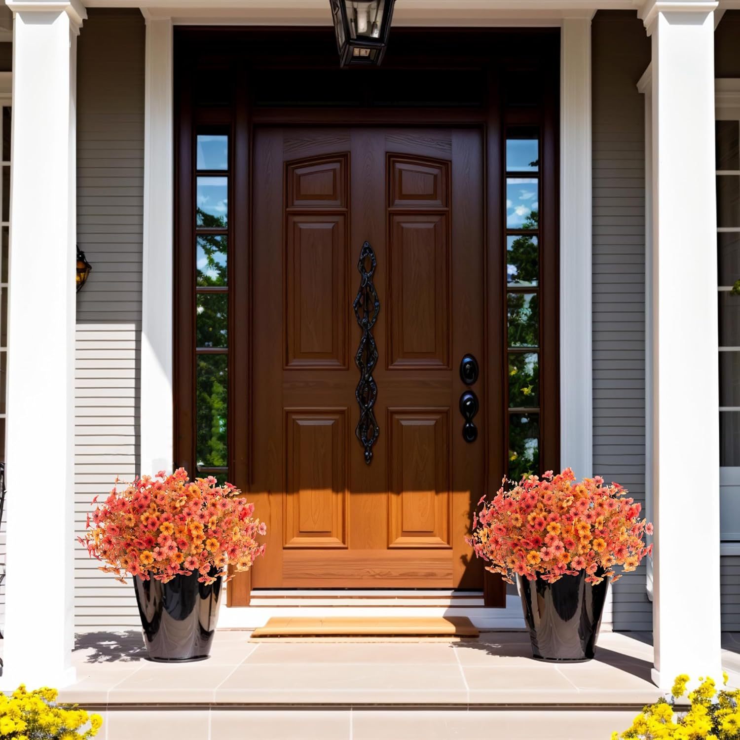 Artificial Silk Flowers Hanging Basket for Outdoor Indoor, Daisy with Eucalyptus Leaves Arrangement for Garden Yard Spring Summer Decor, Faux Green Plant in Metal Coconut Lining Pot(Red Purple)