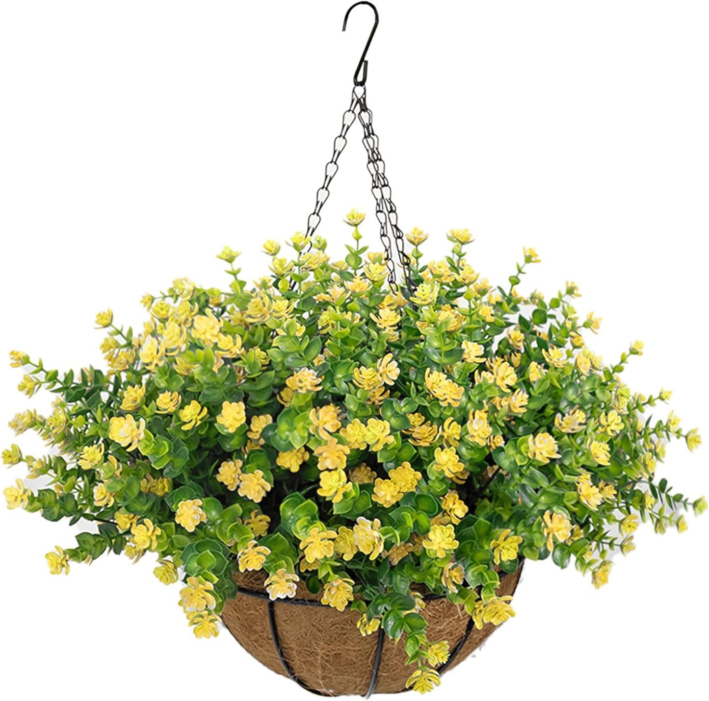 Artificial Hanging Flowers Basket for Outdoor, 16 Fake Flowers Look Real UV Resistant, Faux Hanging Plants for Porch, Balcony, Patio, Garden, Spring Summer Decor,White
