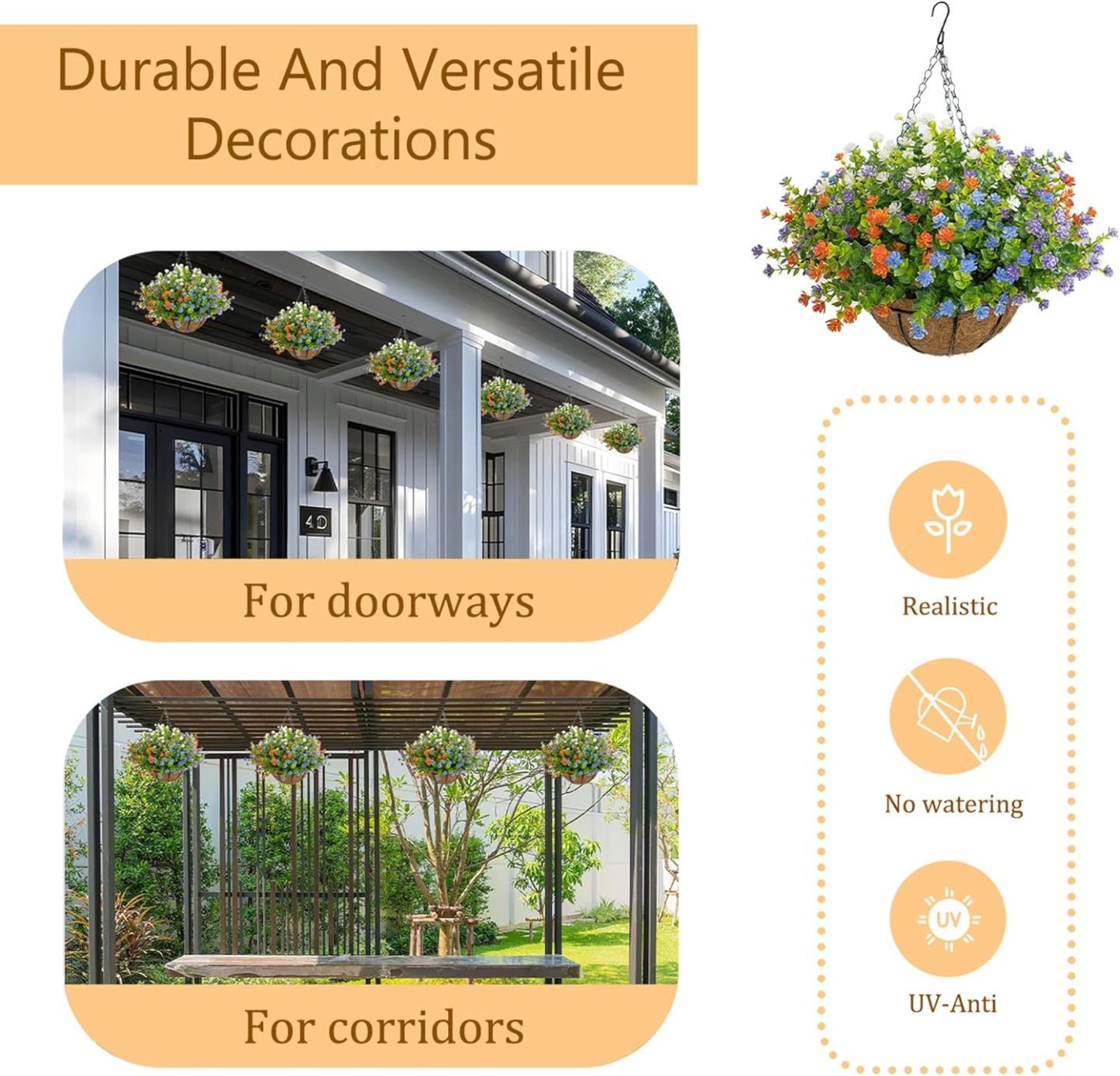 Artificial Hanging Flowers Basket for Outdoor, 16 Fake Flowers Look Real UV Resistant, Faux Hanging Plants for Porch, Balcony, Patio, Garden, Spring Summer Decor,White