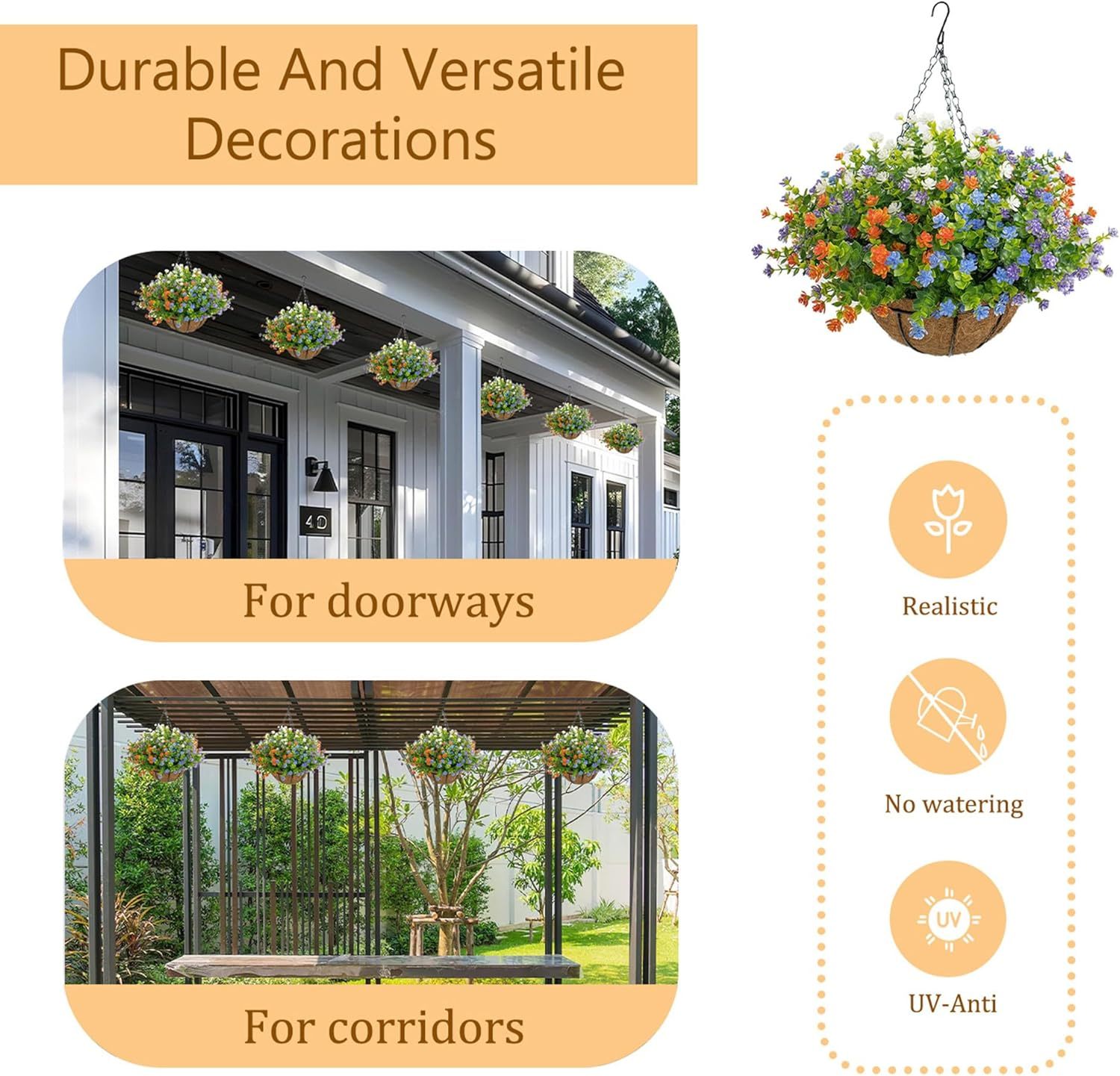 Artificial Hanging Flowers Basket for Outdoor, 16 Fake Flowers Look Real UV Resistant, Faux Hanging Plants for Porch, Balcony, Patio, Garden, Spring Summer Decor,White