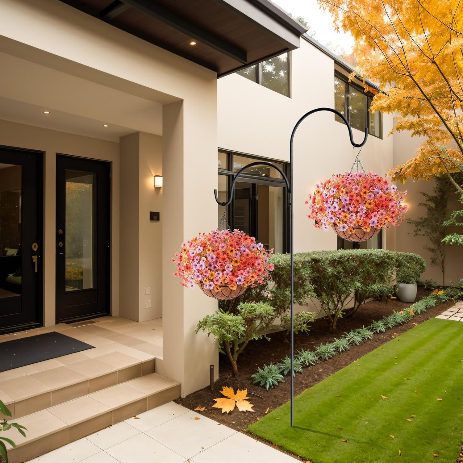 Artificial Silk Flowers Hanging Basket for Outdoor Indoor, Daisy with Eucalyptus Leaves Arrangement for Garden Yard Spring Summer Decor, Faux Green Plant in Metal Coconut Lining Pot(Red Purple)