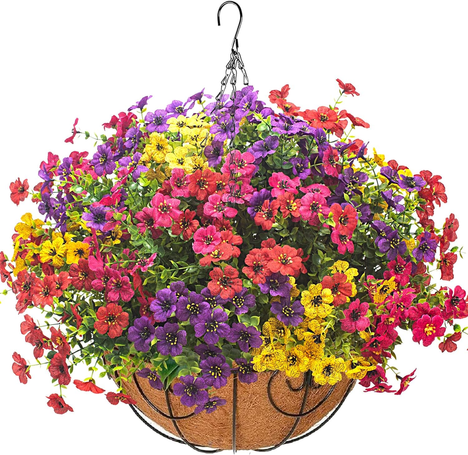 Artificial Hanging Flowers Basket with Colorful Silk Daisies & Eucalyptus - UV/Sun-Resistant Plant for Outdoor Porch, Patio, Balcony - Indoor/Outdoor Home Decor
