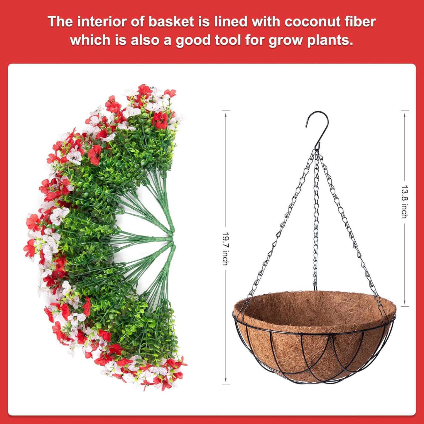 Artificial Silk Flowers Hanging Basket for Outdoor Indoor, Daisy with Eucalyptus Leaves Arrangement for Garden Yard Spring Summer Decor, Faux Green Plant in Metal Coconut Lining Pot(Red Purple)