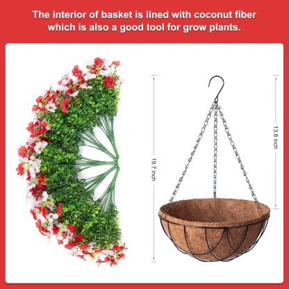 Artificial Silk Flowers Hanging Basket for Outdoor Indoor, Daisy with Eucalyptus Leaves Arrangement for Garden Yard Spring Summer Decor, Faux Green Plant in Metal Coconut Lining Pot(Red Purple)