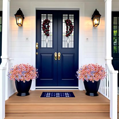 Artificial Silk Flowers Hanging Basket for Outdoor Indoor, Daisy with Eucalyptus Leaves Arrangement for Garden Yard Spring Summer Decor, Faux Green Plant in Metal Coconut Lining Pot(Red Purple)