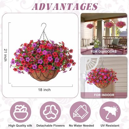 Artificial Silk Flowers Hanging Basket for Outdoor Indoor, Daisy with Eucalyptus Leaves Arrangement for Garden Yard Spring Summer Decor, Faux Green Plant in Metal Coconut Lining Pot(Red Purple)