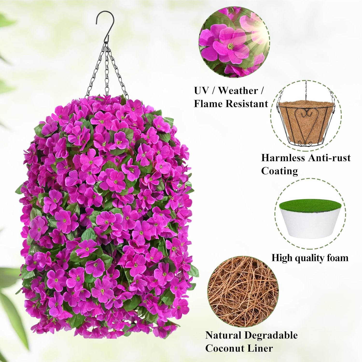 Artificial Hanging Flowers for Outdoors, Fake Hanging Plants with Baskets, Silk Faux Flowers UV Resistant for Planters Home Patio Porch Spring Summer Outside Decorations, Fuchsia
