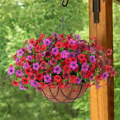 Artificial Silk Flowers Hanging Basket for Outdoor Indoor, Daisy with Eucalyptus Leaves Arrangement for Garden Yard Spring Summer Decor, Faux Green Plant in Metal Coconut Lining Pot(Red Purple)