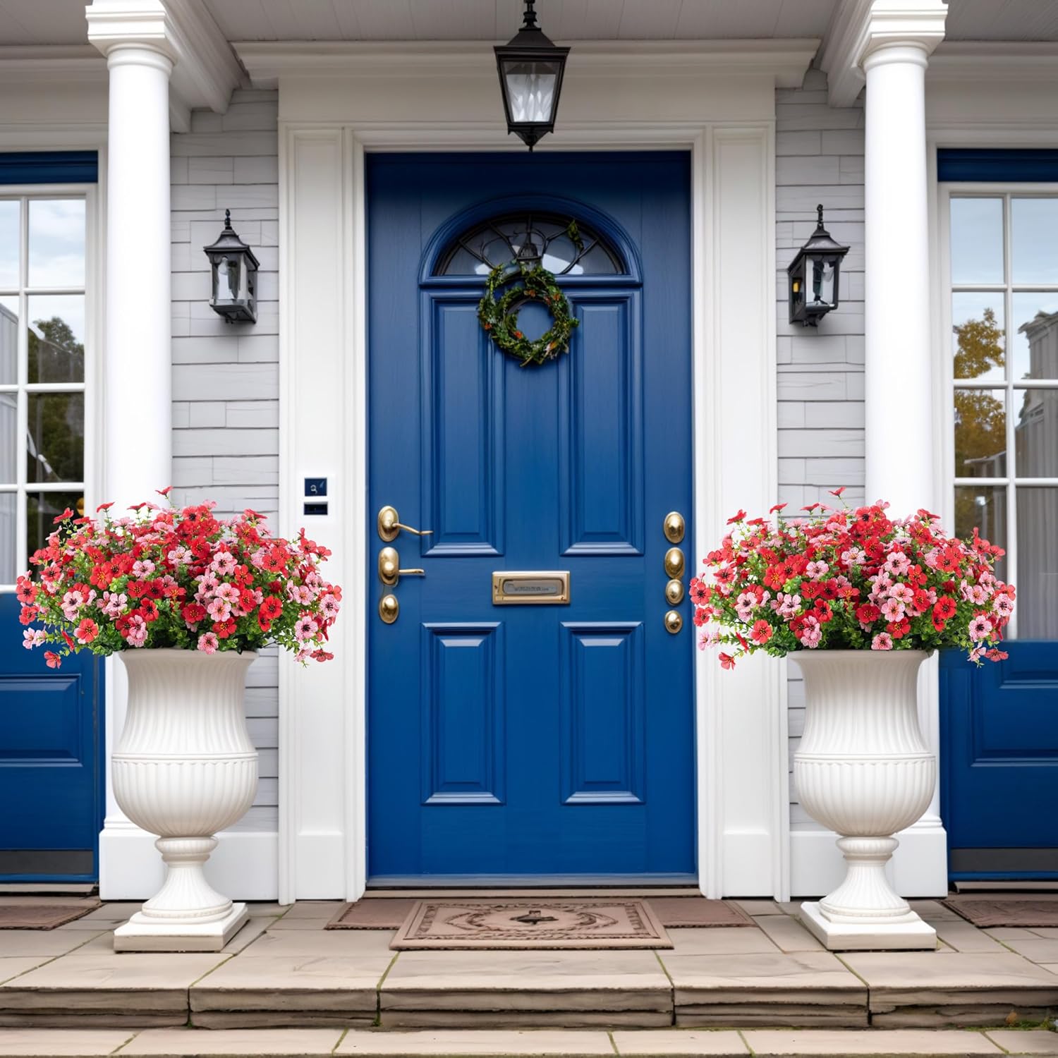 Artificial Silk Flowers Hanging Basket for Outdoor Indoor, Daisy with Eucalyptus Leaves Arrangement for Garden Yard Spring Summer Decor, Faux Green Plant in Metal Coconut Lining Pot(Red Purple)