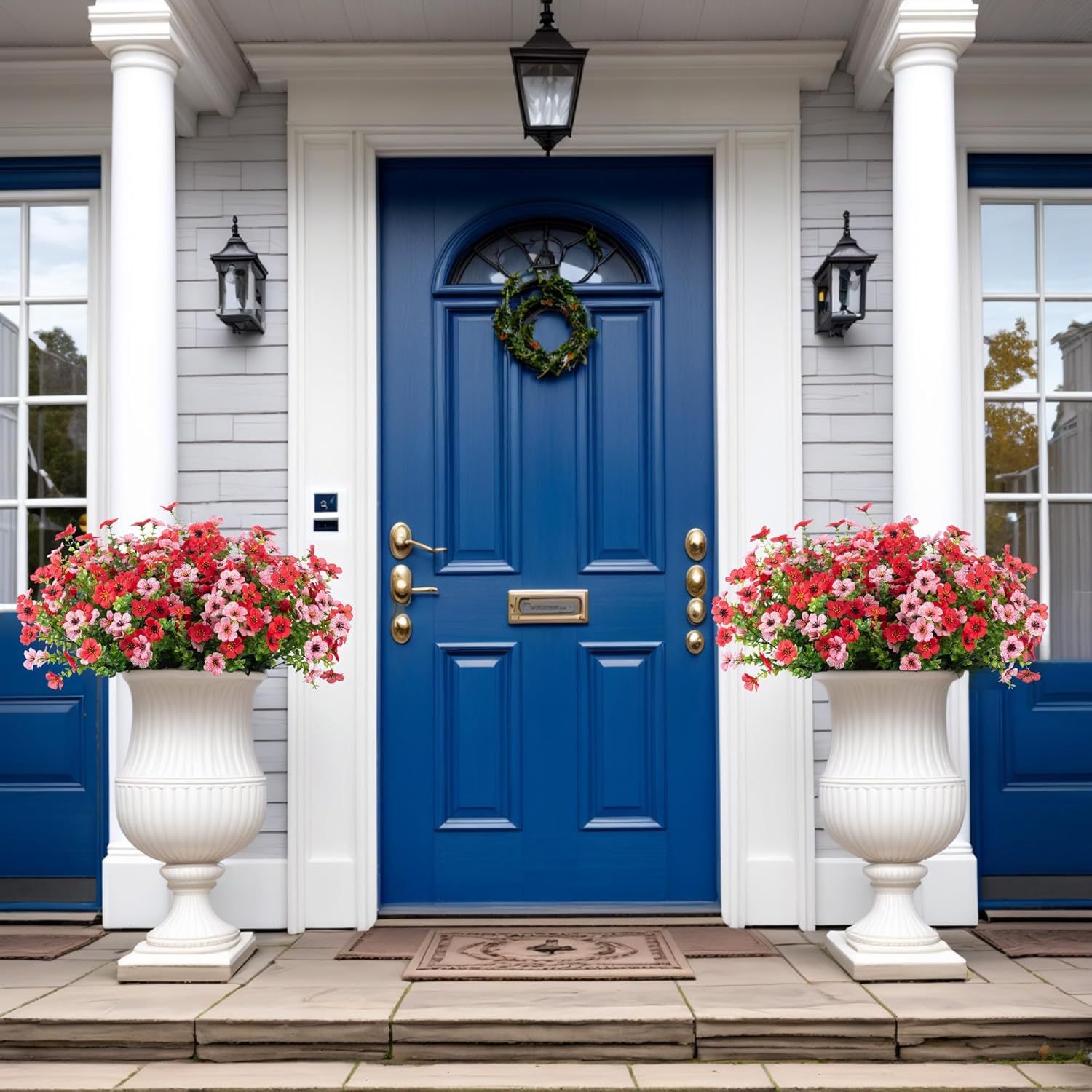 Artificial Silk Flowers Hanging Basket for Outdoor Indoor, Daisy with Eucalyptus Leaves Arrangement for Garden Yard Spring Summer Decor, Faux Green Plant in Metal Coconut Lining Pot(Red Purple)