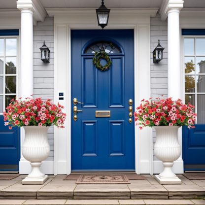 Artificial Silk Flowers Hanging Basket for Outdoor Indoor, Daisy with Eucalyptus Leaves Arrangement for Garden Yard Spring Summer Decor, Faux Green Plant in Metal Coconut Lining Pot(Red Purple)