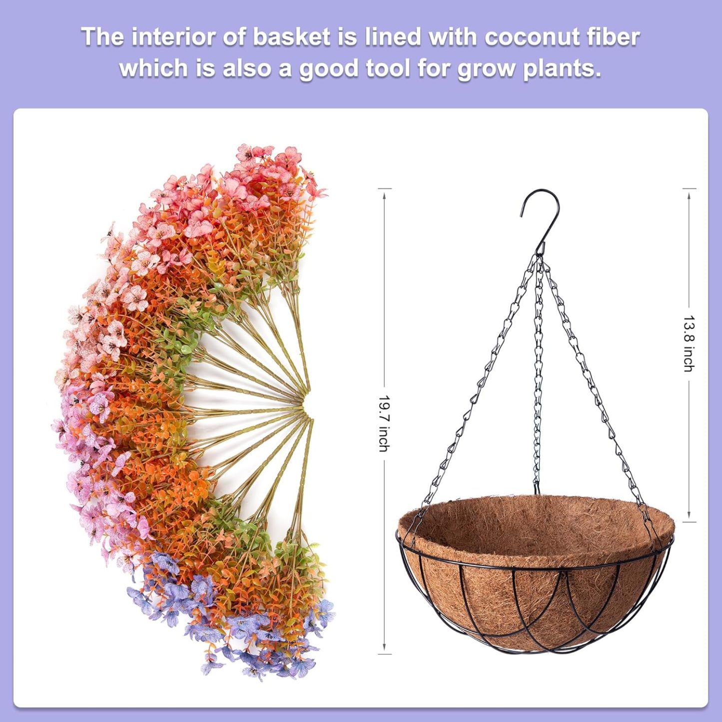 Artificial Silk Flowers Hanging Basket for Outdoor Indoor, Daisy with Eucalyptus Leaves Arrangement for Garden Yard Spring Summer Decor, Faux Green Plant in Metal Coconut Lining Pot(Red Purple)