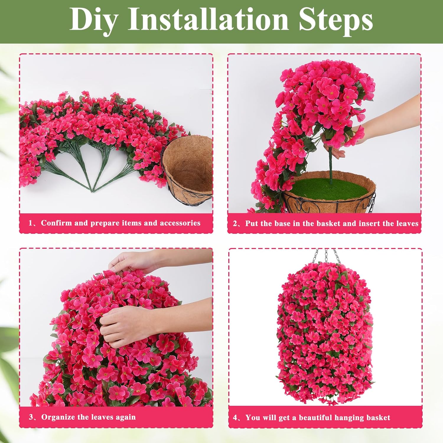 Artificial Hanging Flowers for Outdoors, Fake Hanging Plants with Baskets, Silk Faux Flowers UV Resistant for Planters Home Patio Porch Spring Summer Outside Decorations, Fuchsia