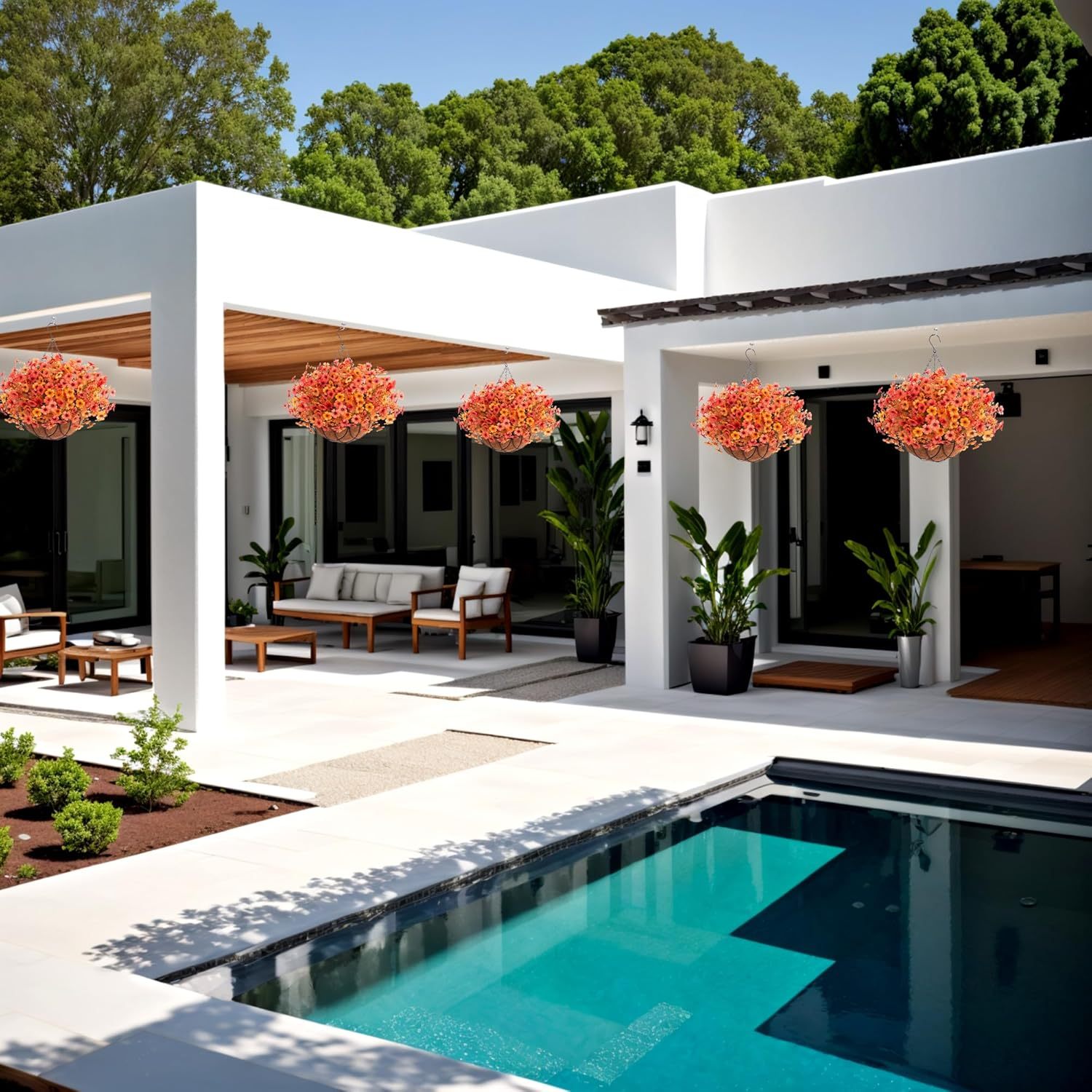 Artificial Silk Flowers Hanging Basket for Outdoor Indoor, Daisy with Eucalyptus Leaves Arrangement for Garden Yard Spring Summer Decor, Faux Green Plant in Metal Coconut Lining Pot(Red Purple)