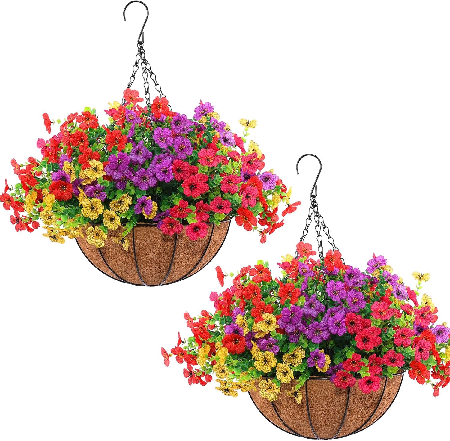2 Set Artificial Outdoor Flowers with Hanging Basket, 2 Hanging Planters with 24 Pcs Flowers for Spring Summer Front Porch Garden Patio Home Decor (2, Red, Purple, Yellow, Rose Red)