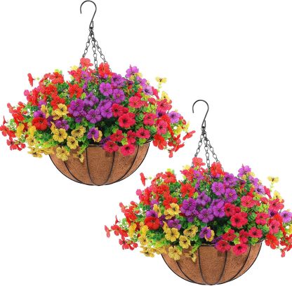 2 Set Artificial Outdoor Flowers with Hanging Basket, 2 Hanging Planters with 24 Pcs Flowers for Spring Summer Front Porch Garden Patio Home Decor (2, Red, Purple, Yellow, Rose Red)