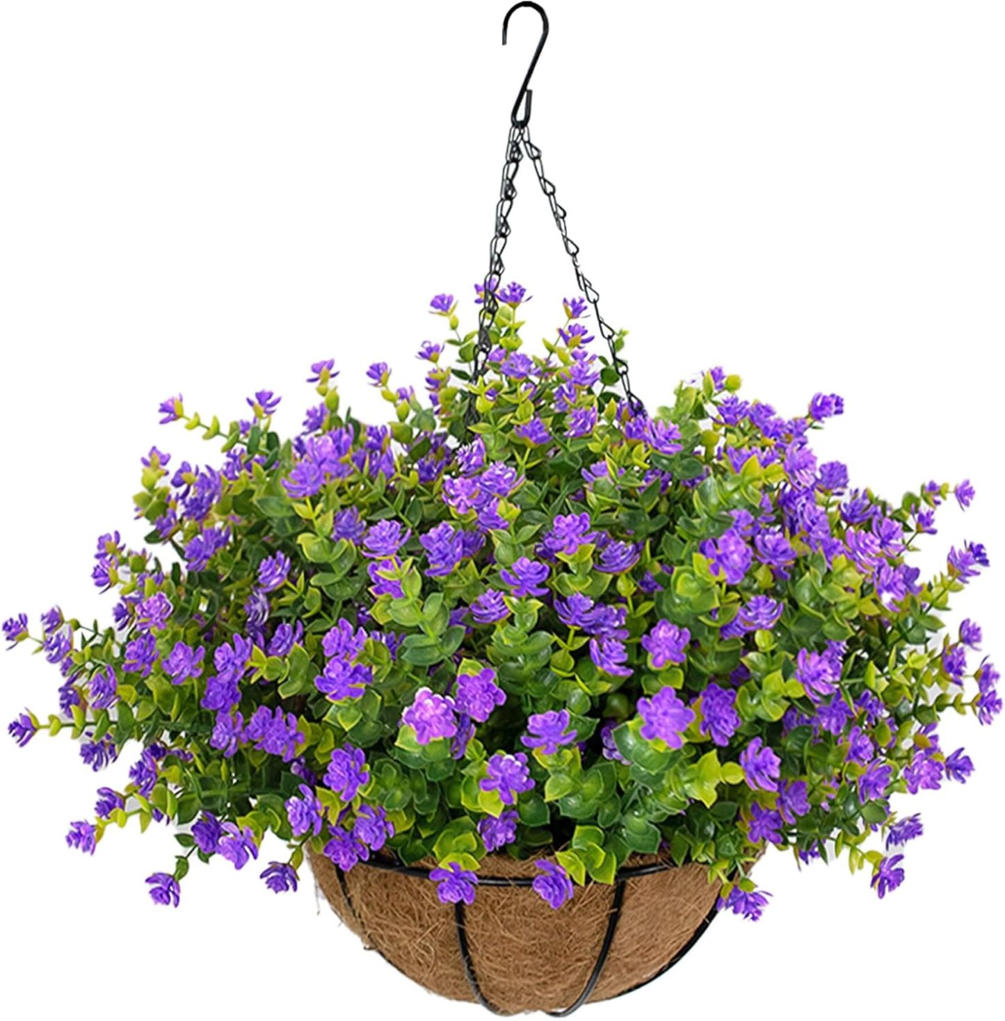 Artificial Hanging Flowers Basket for Outdoor, 16 Fake Flowers Look Real UV Resistant, Faux Hanging Plants for Porch, Balcony, Patio, Garden, Spring Summer Decor,White