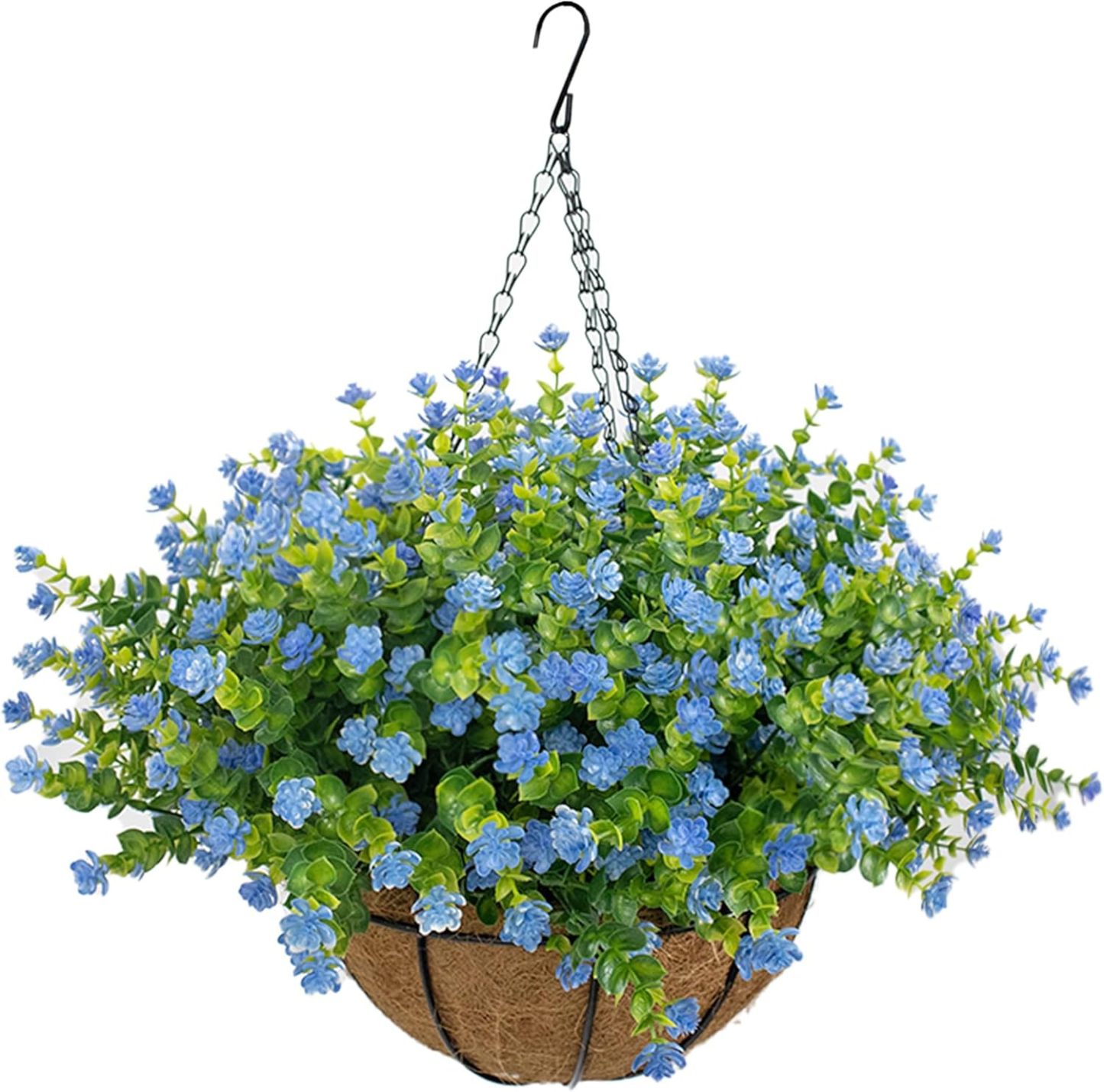 Artificial Hanging Flowers Basket for Outdoor, 16 Fake Flowers Look Real UV Resistant, Faux Hanging Plants for Porch, Balcony, Patio, Garden, Spring Summer Decor,White