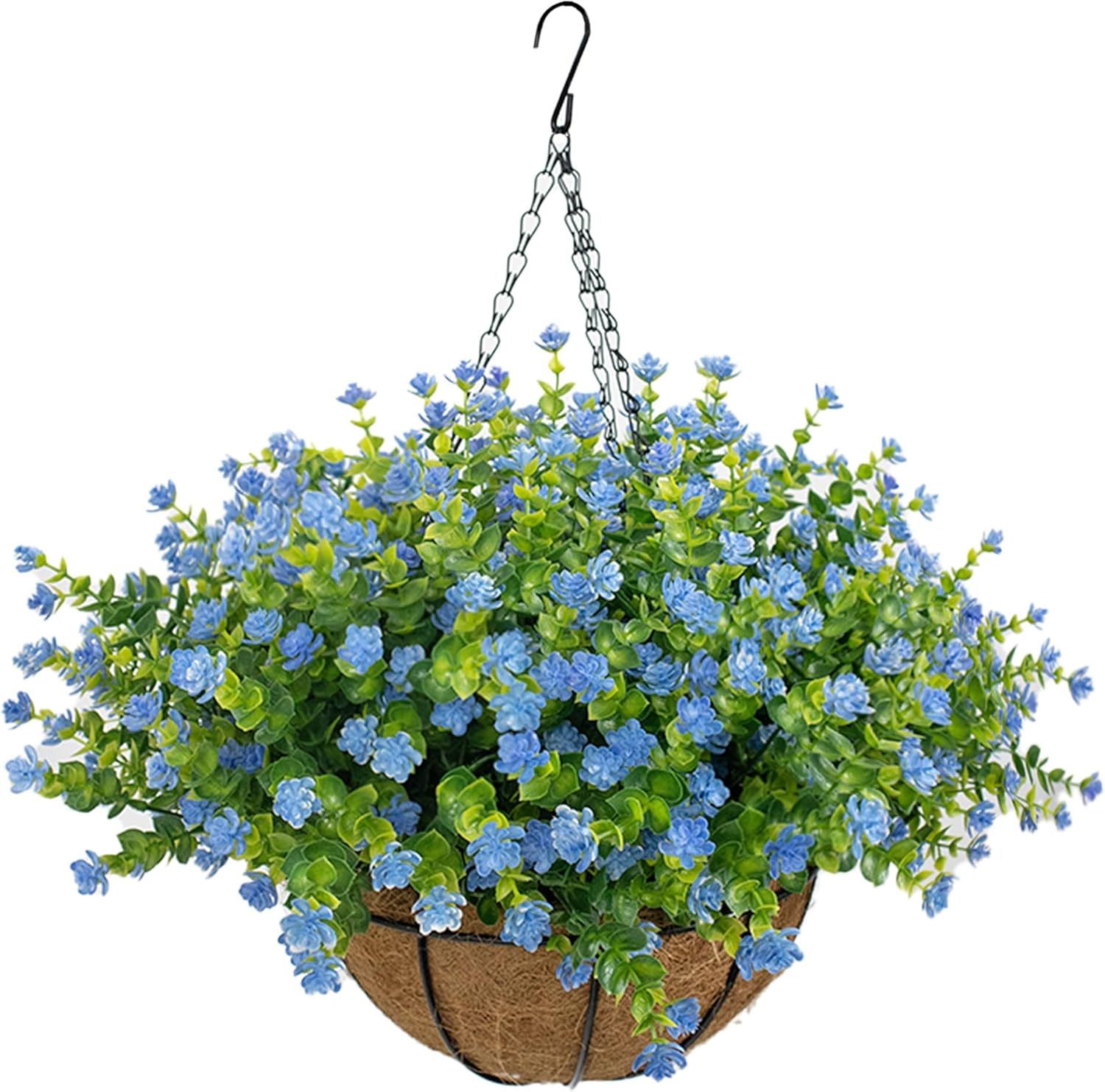 Artificial Hanging Flowers Basket for Outdoor, 16 Fake Flowers Look Real UV Resistant, Faux Hanging Plants for Porch, Balcony, Patio, Garden, Spring Summer Decor,White
