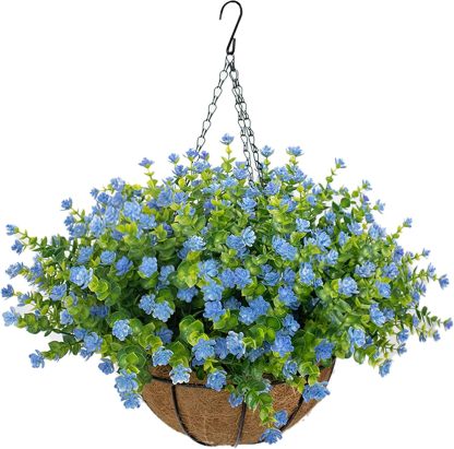 Artificial Hanging Flowers Basket for Outdoor, 16 Fake Flowers Look Real UV Resistant, Faux Hanging Plants for Porch, Balcony, Patio, Garden, Spring Summer Decor,White
