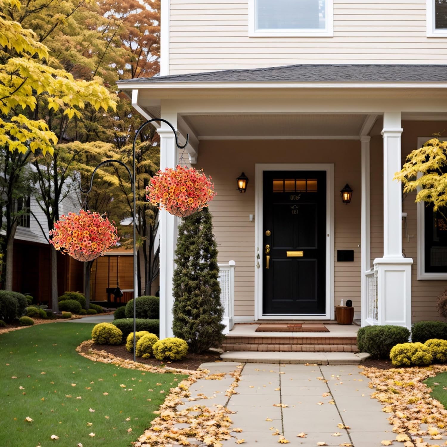 Artificial Silk Flowers Hanging Basket for Outdoor Indoor, Daisy with Eucalyptus Leaves Arrangement for Garden Yard Spring Summer Decor, Faux Green Plant in Metal Coconut Lining Pot(Red Purple)