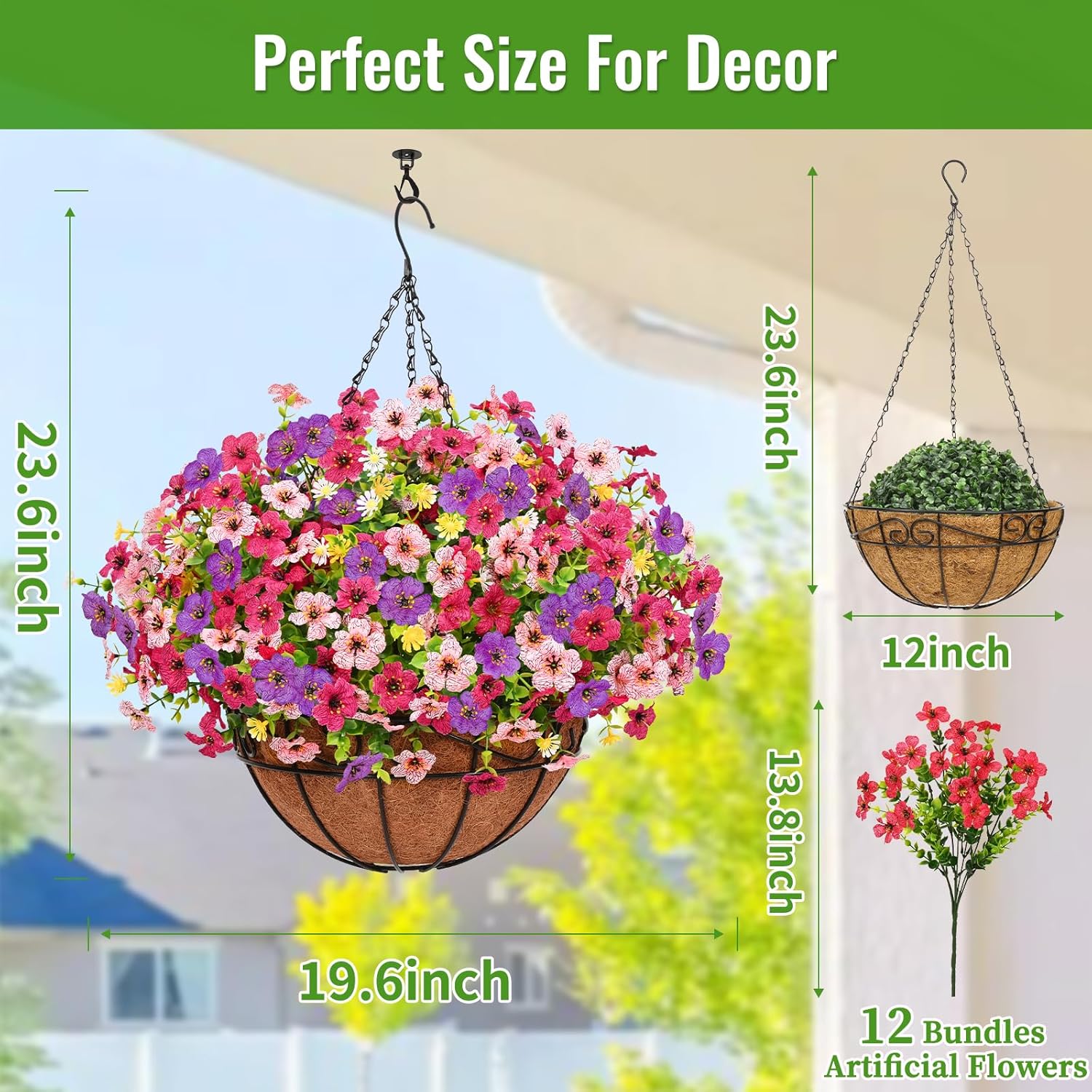 Artificial Hanging Flowers for Outdoors, Fake Hanging Plants with 12" Baskets, 12 Pcs UV Resistant Artificial Hanging Flowers for Decoration Outdoors Garden Patio Porch Yard Spring Summer Decor