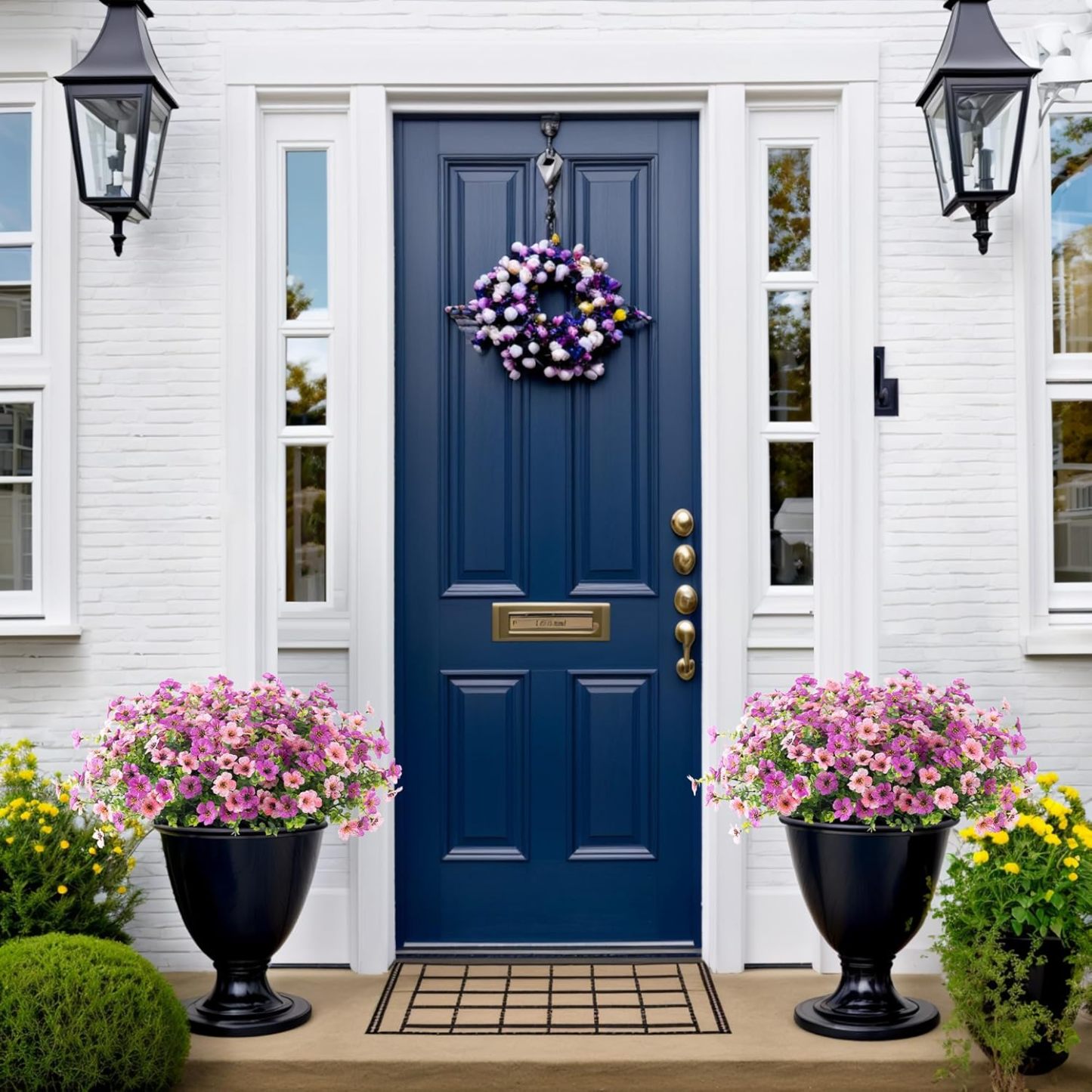 Artificial Silk Flowers Hanging Basket for Outdoor Indoor, Daisy with Eucalyptus Leaves Arrangement for Garden Yard Spring Summer Decor, Faux Green Plant in Metal Coconut Lining Pot(Red Purple)