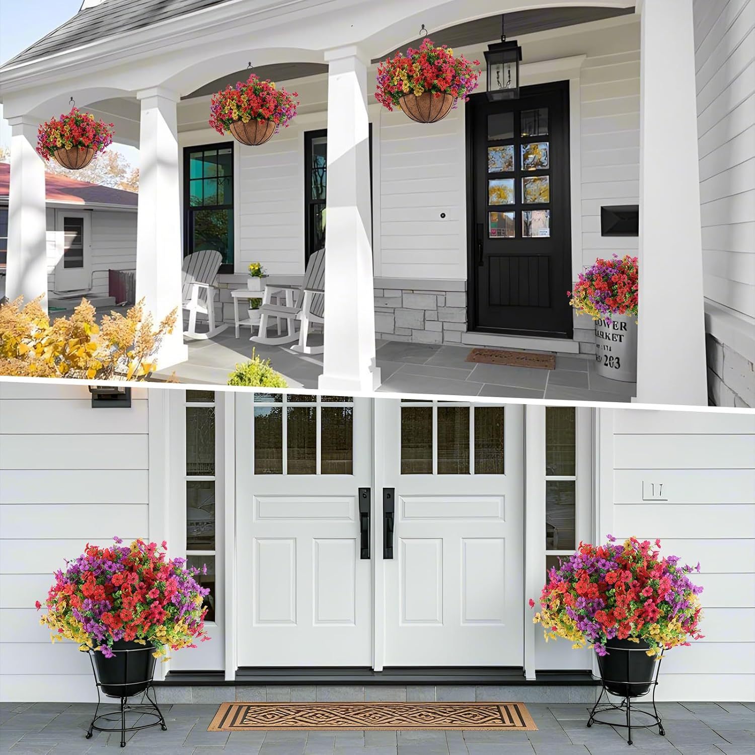 2 Set Artificial Outdoor Flowers with Hanging Basket, 2 Hanging Planters with 24 Pcs Flowers for Spring Summer Front Porch Garden Patio Home Decor (2, Red, Purple, Yellow, Rose Red)