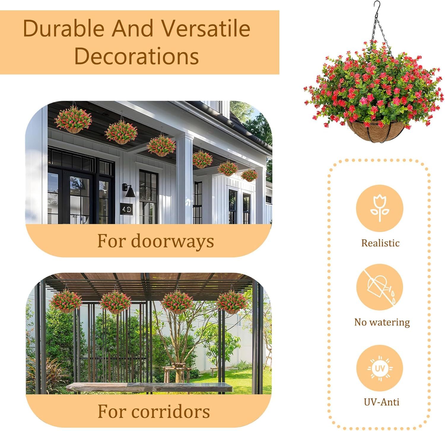 Artificial Hanging Flowers Basket for Outdoor, 16 Fake Flowers Look Real UV Resistant, Faux Hanging Plants for Porch, Balcony, Patio, Garden, Spring Summer Decor,White