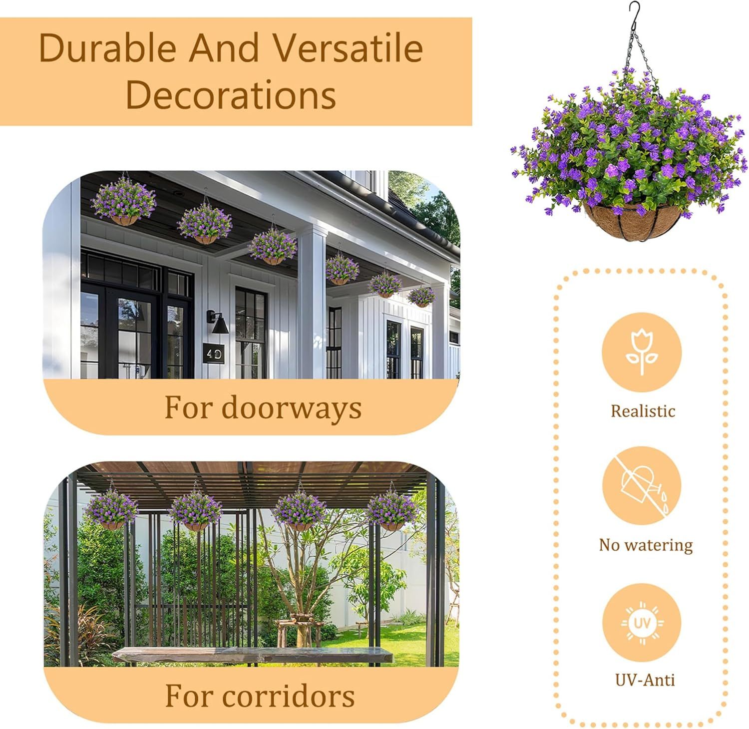 Artificial Hanging Flowers Basket for Outdoor, 16 Fake Flowers Look Real UV Resistant, Faux Hanging Plants for Porch, Balcony, Patio, Garden, Spring Summer Decor,White