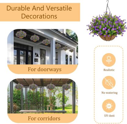 Artificial Hanging Flowers Basket for Outdoor, 16 Fake Flowers Look Real UV Resistant, Faux Hanging Plants for Porch, Balcony, Patio, Garden, Spring Summer Decor,White