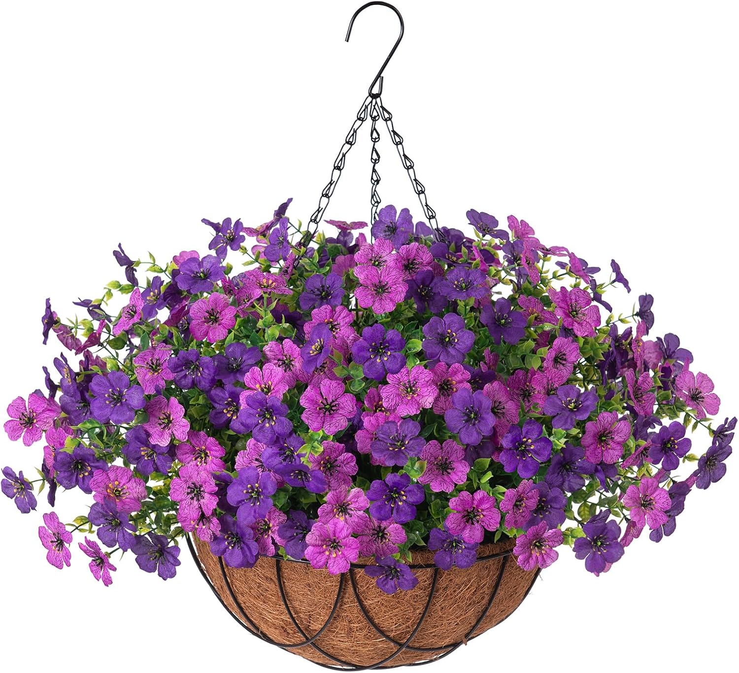 Artificial Silk Flowers Hanging Basket for Outdoor Indoor, Daisy with Eucalyptus Leaves Arrangement for Garden Yard Spring Summer Decor, Faux Green Plant in Metal Coconut Lining Pot(Red Purple)