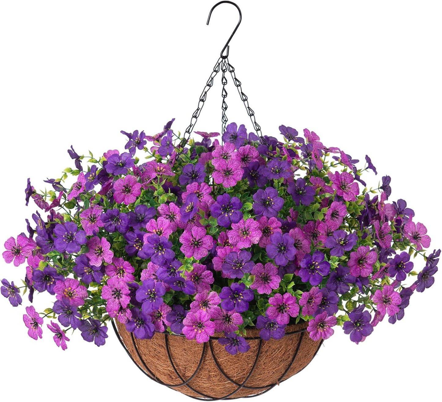 Artificial Silk Flowers Hanging Basket for Outdoor Indoor, Daisy with Eucalyptus Leaves Arrangement for Garden Yard Spring Summer Decor, Faux Green Plant in Metal Coconut Lining Pot(Red Purple)