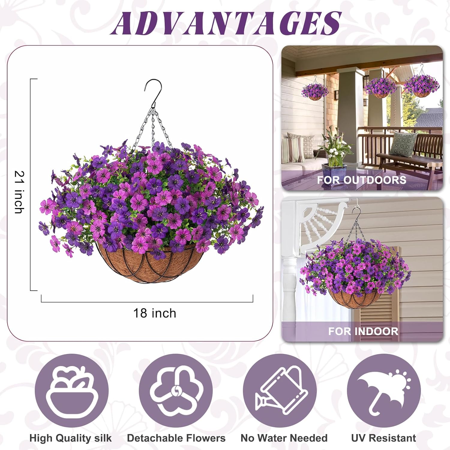 Artificial Silk Flowers Hanging Basket for Outdoor Indoor, Daisy with Eucalyptus Leaves Arrangement for Garden Yard Spring Summer Decor, Faux Green Plant in Metal Coconut Lining Pot(Red Purple)