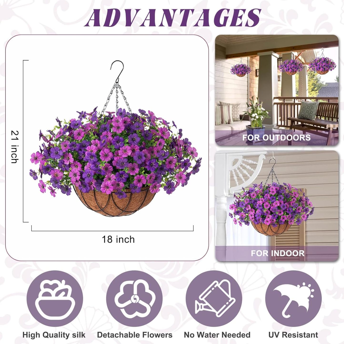 Artificial Silk Flowers Hanging Basket for Outdoor Indoor, Daisy with Eucalyptus Leaves Arrangement for Garden Yard Spring Summer Decor, Faux Green Plant in Metal Coconut Lining Pot(Red Purple)