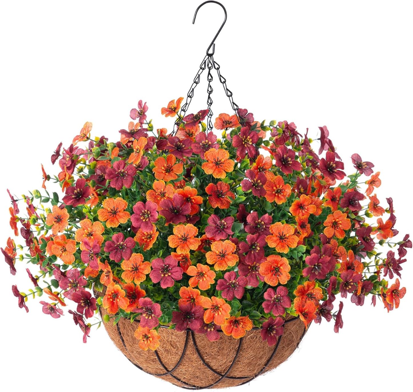 Artificial Silk Flowers Hanging Basket for Outdoor Indoor, Daisy with Eucalyptus Leaves Arrangement for Garden Yard Spring Summer Decor, Faux Green Plant in Metal Coconut Lining Pot(Red Purple)