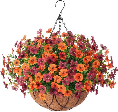 Artificial Silk Flowers Hanging Basket for Outdoor Indoor, Daisy with Eucalyptus Leaves Arrangement for Garden Yard Spring Summer Decor, Faux Green Plant in Metal Coconut Lining Pot(Red Purple)