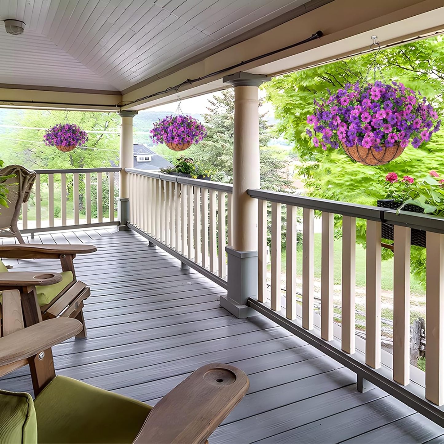 Artificial Silk Flowers Hanging Basket for Outdoor Indoor, Daisy with Eucalyptus Leaves Arrangement for Garden Yard Spring Summer Decor, Faux Green Plant in Metal Coconut Lining Pot(Red Purple)