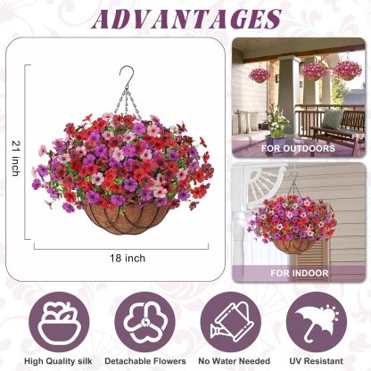 Artificial Silk Flowers Hanging Basket for Outdoor Indoor, Daisy with Eucalyptus Leaves Arrangement for Garden Yard Spring Summer Decor, Faux Green Plant in Metal Coconut Lining Pot(Red Purple)