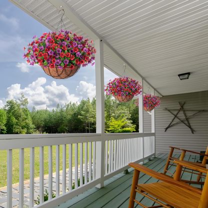 Artificial Silk Flowers Hanging Basket for Outdoor Indoor, Daisy with Eucalyptus Leaves Arrangement for Garden Yard Spring Summer Decor, Faux Green Plant in Metal Coconut Lining Pot(Red Purple)
