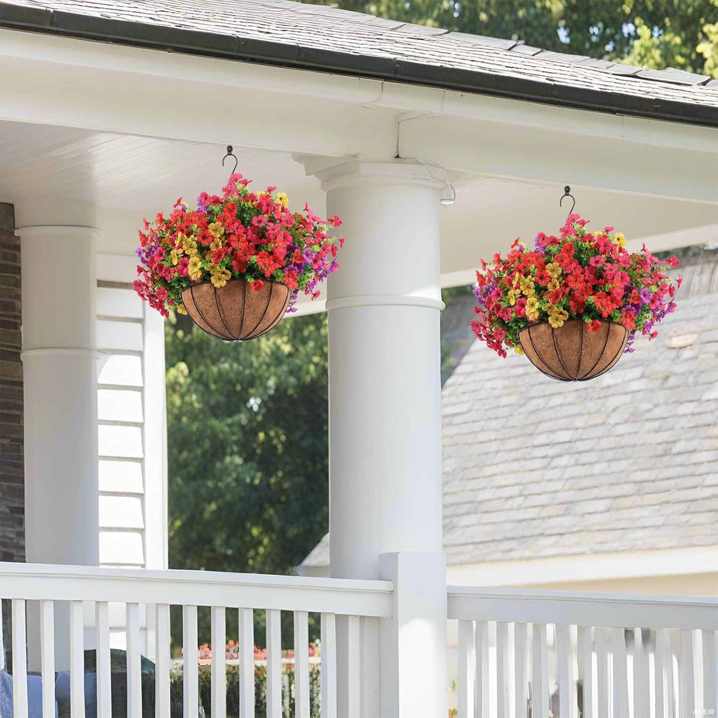 2 Set Artificial Outdoor Flowers with Hanging Basket, 2 Hanging Planters with 24 Pcs Flowers for Spring Summer Front Porch Garden Patio Home Decor (2, Red, Purple, Yellow, Rose Red)
