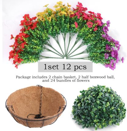 2 Set Artificial Outdoor Flowers with Hanging Basket, 2 Hanging Planters with 24 Pcs Flowers for Spring Summer Front Porch Garden Patio Home Decor (2, Red, Purple, Yellow, Rose Red)